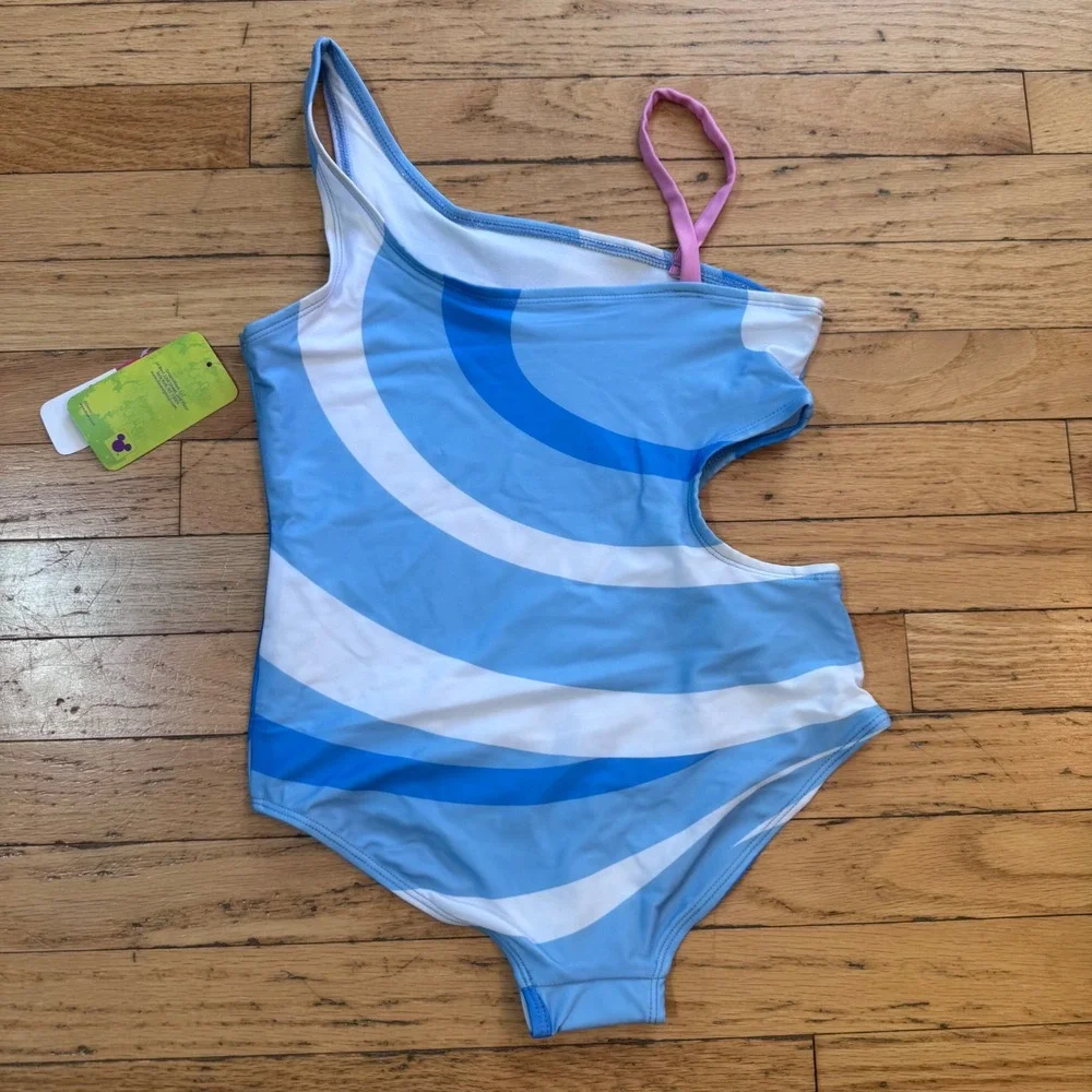 Disney Stitch Girls One Piece Swimsuit Blue Swirl Surfing UPF 50+ Size 10-12 NWT